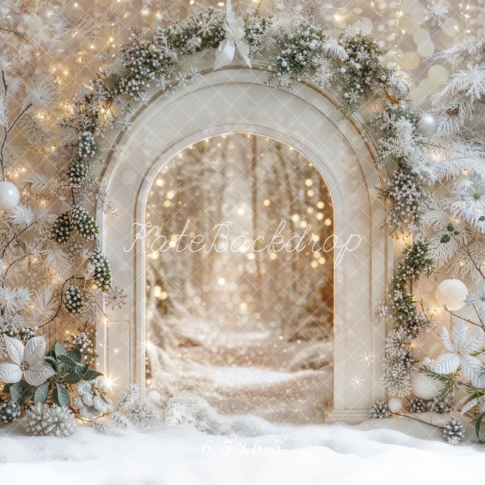 Kate Christmas Winter White Arch Snowy Trees Bokeh Backdrop Designed by Emetselch