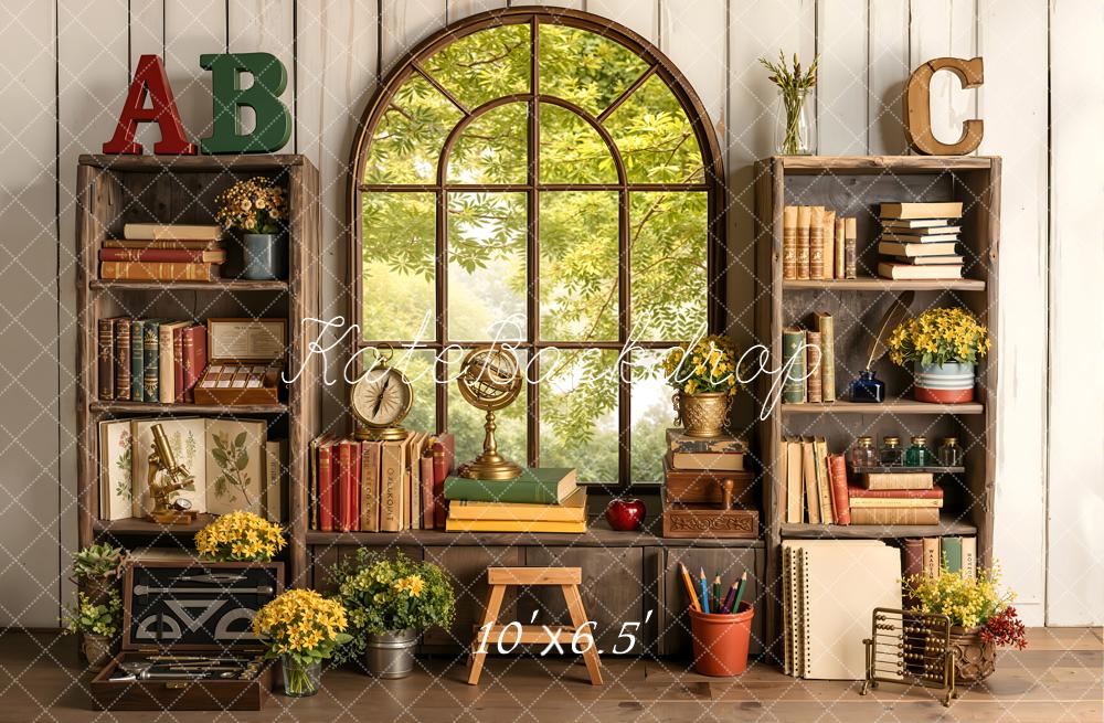 Kate Back to School Bookshelves Window Books Flowers Printed Backdrop Designed by Emetselch