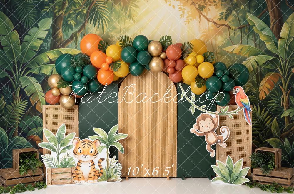 Kate Cake Smash Jungle Balloon Arch Cartoon Animals Printed Backdrop Designed by Patty Roberts