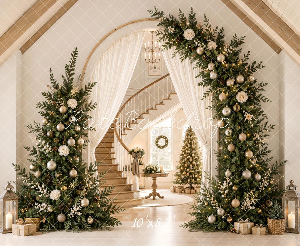 Kate Christmas Tree Arch Staircase Elegant Foyer Gable Roof Printed Backdrop Designed by Emetselch