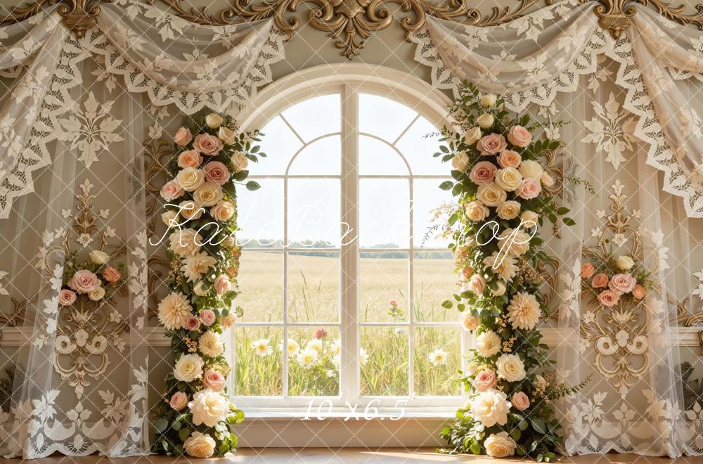 Kate Spring Flower Arch Window Gold Lace Curtains Backdrop Designed by Mini MakeBelieve