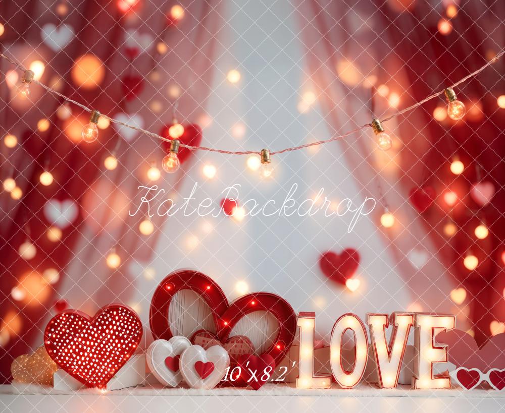 Kate Valentines Red Hearts LOVE Bokeh Lights Backdrop Designed by Emetselch