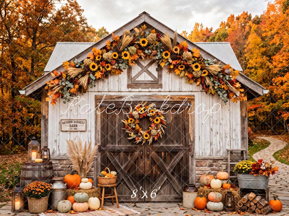 Kate Fall Wood Barn Sunflowers Pumpkins Harvest Forest Printed Backdrop Designed by Patty Roberts