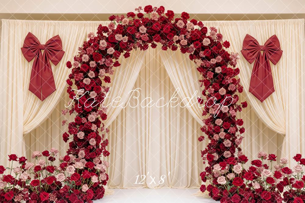 Kate Valentine's Day Flower Arch Red Bow Cream Drapes Backdrop Designed by Patty Roberts