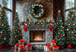 Kate Christmas Stone Fireplace Trees Gifts Stockings Wreath Printed Backdrop Designed by Mini MakeBelieve