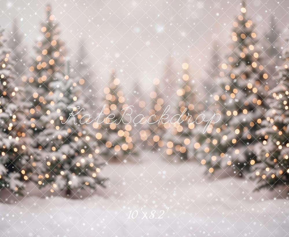 Kate Christmas Snowy Pine Trees Bokeh Printed Backdrop Designed by Emetselch