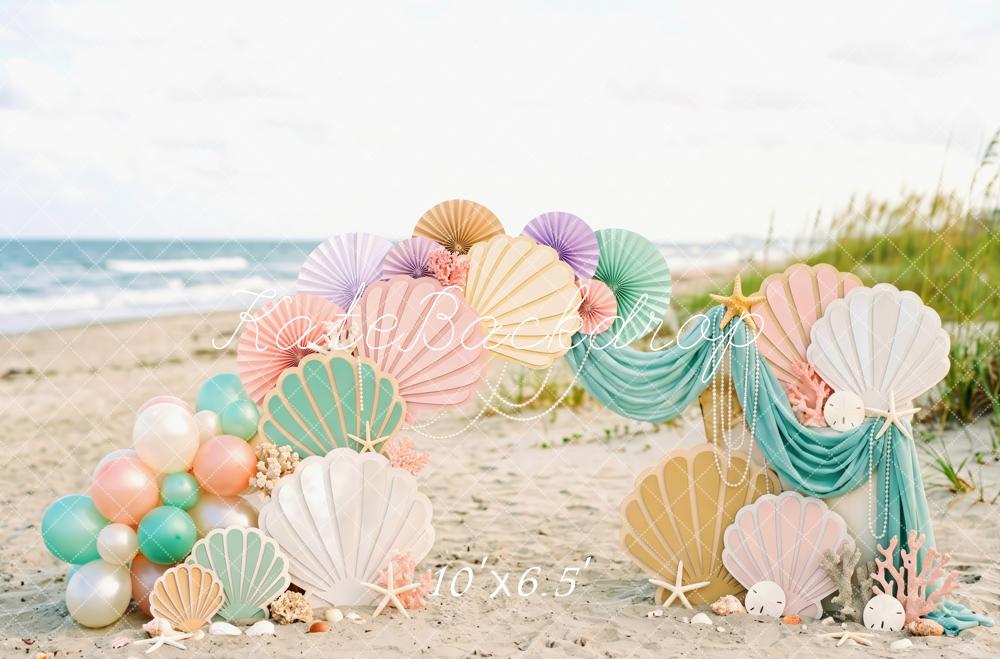 Kate Mermaid Cake Smash Seashell Coral Balloon Beach Printed Backdrop Designed by Patty Roberts