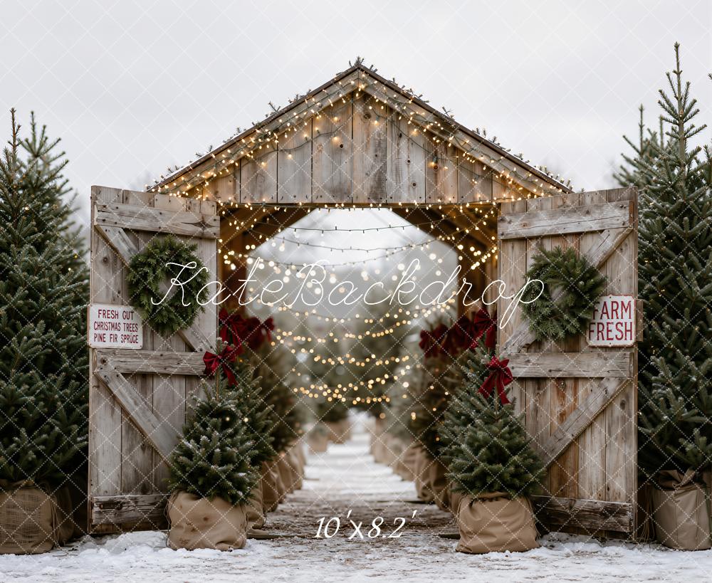Kate Christmas Tree Farm Rustic Wood Barn Printed Backdrop Designed by Emetselch