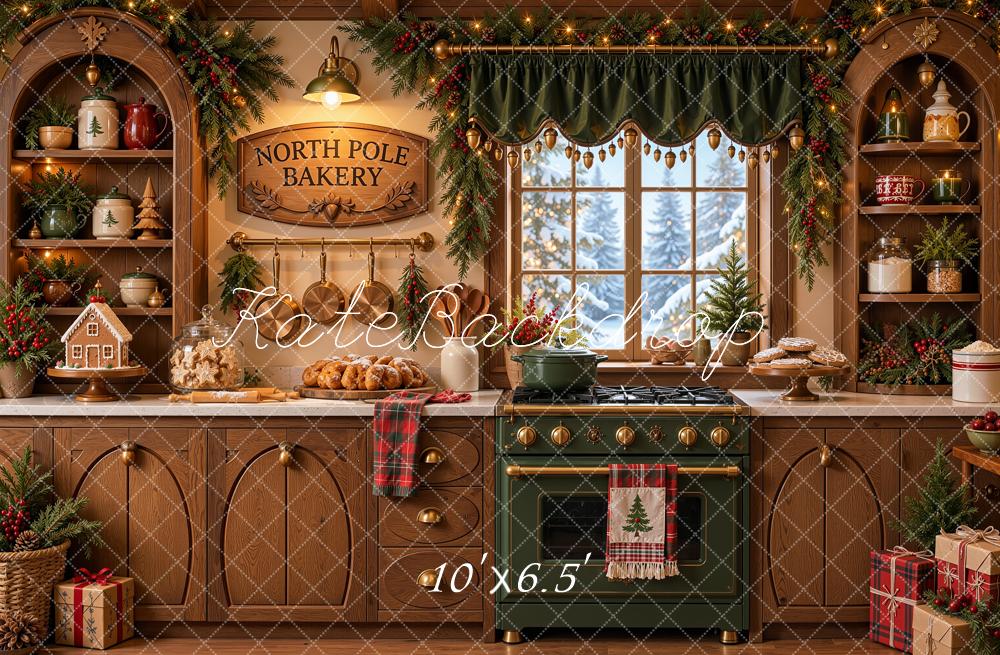 Kate Christmas Kitchen Rustic Bakery Green Oven Snowy Window Printed Backdrop Designed by Shutter Swan Studios