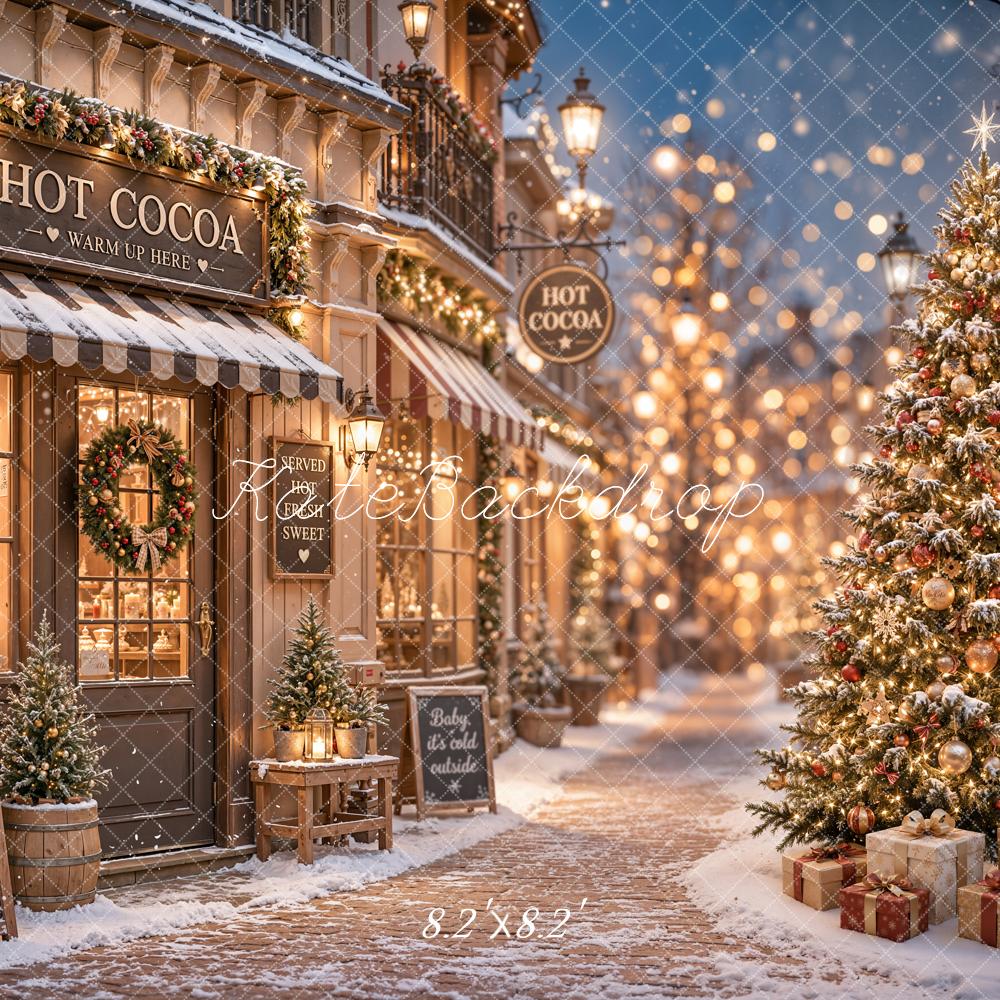 Kate Christmas Hot Cocoa Shop Snowy Street Christmas Tree Printed Backdrop Designed by Emetselch