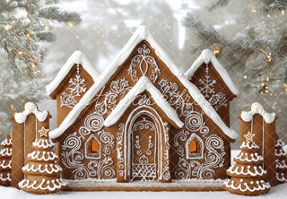 Kate Christmas Gingerbread House Snowy Forest Printed Backdrop Designed by Mini MakeBelieve