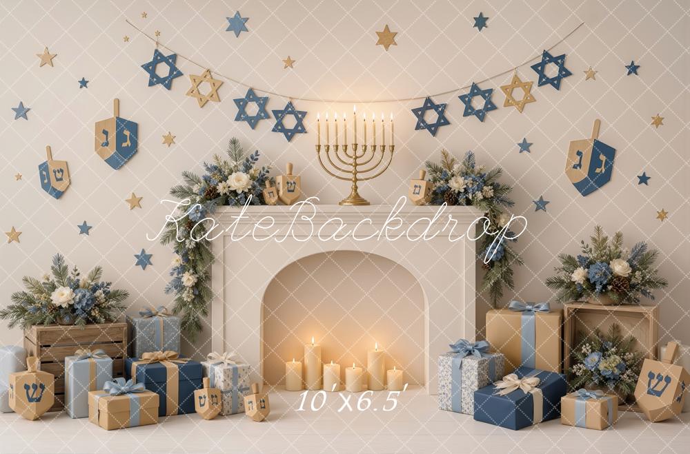 Kate Hanukkah Fireplace Menorah Dreidels Gifts Printed Backdrop Designed by Ashley Ward