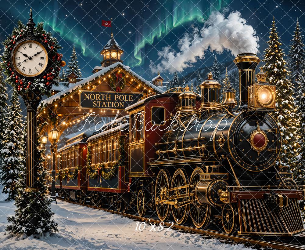 Kate Christmas Polar Train North Pole Station Snowy Trees Printed Backdrop Designed by Emetselch