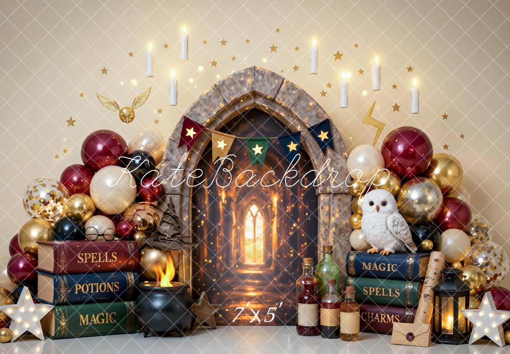 Kate Cake Smash Magic Castle Arch Balloons Spells Books Owl Printed Backdrop Printed Backdrop Designed by Mini MakeBelieve