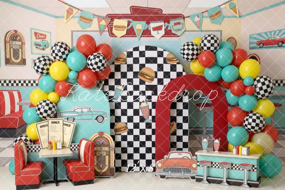 Kate Cake Smash Retro Diner Checkered Wall Balloons Booth Bar Counter Printed Backdrop Designed by Mini MakeBelieve