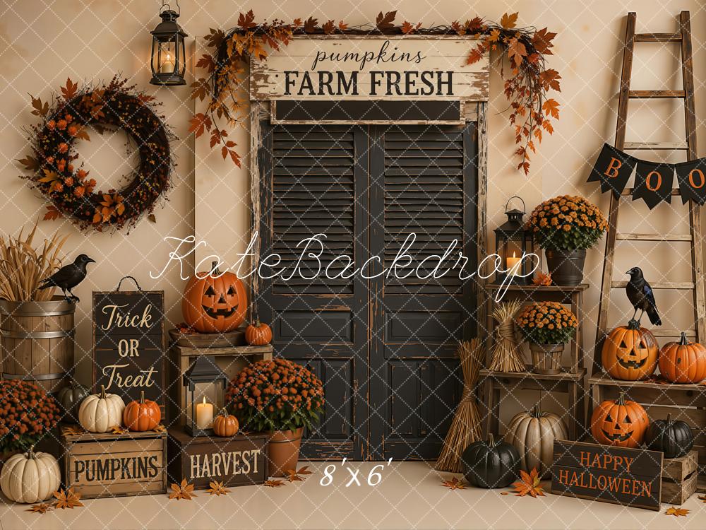 Kate Halloween Black Door Pumpkin Farm Harvest Ladder Printed Backdrop Designed by Emetselch