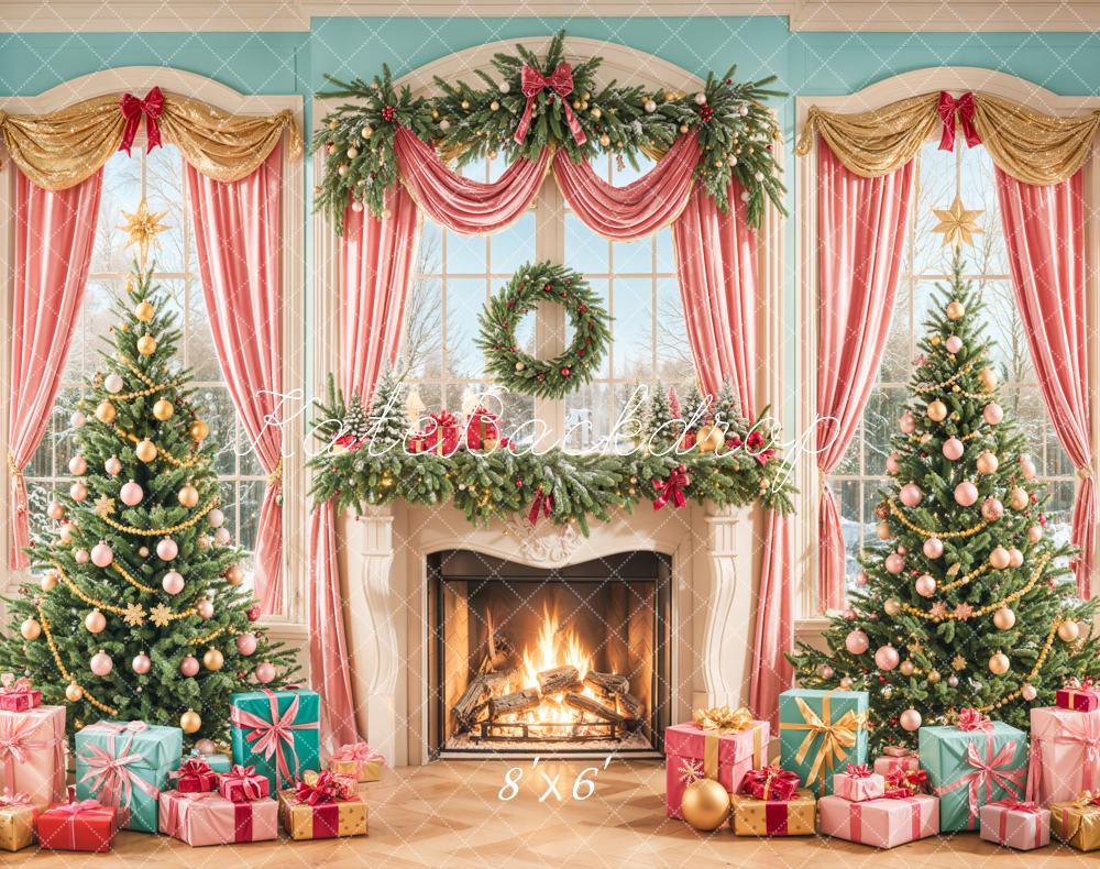 Christmas Tree Fireplace Window Pink Curtains Foto Achtergrond Designed by Emetselch