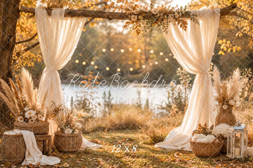 Kate Fall Boho Branch Flower Arch Drapes Warm Cozy Lakeside Printed Backdrop Designed by Emetselch