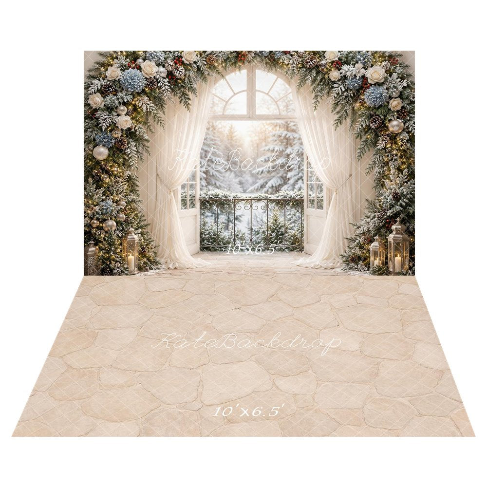Kate Christmas Snowy Flower Arched Window Curtains Lanterns Printed Backdrop+Beige Cobblestone Abstract Texture Printed Backdrop