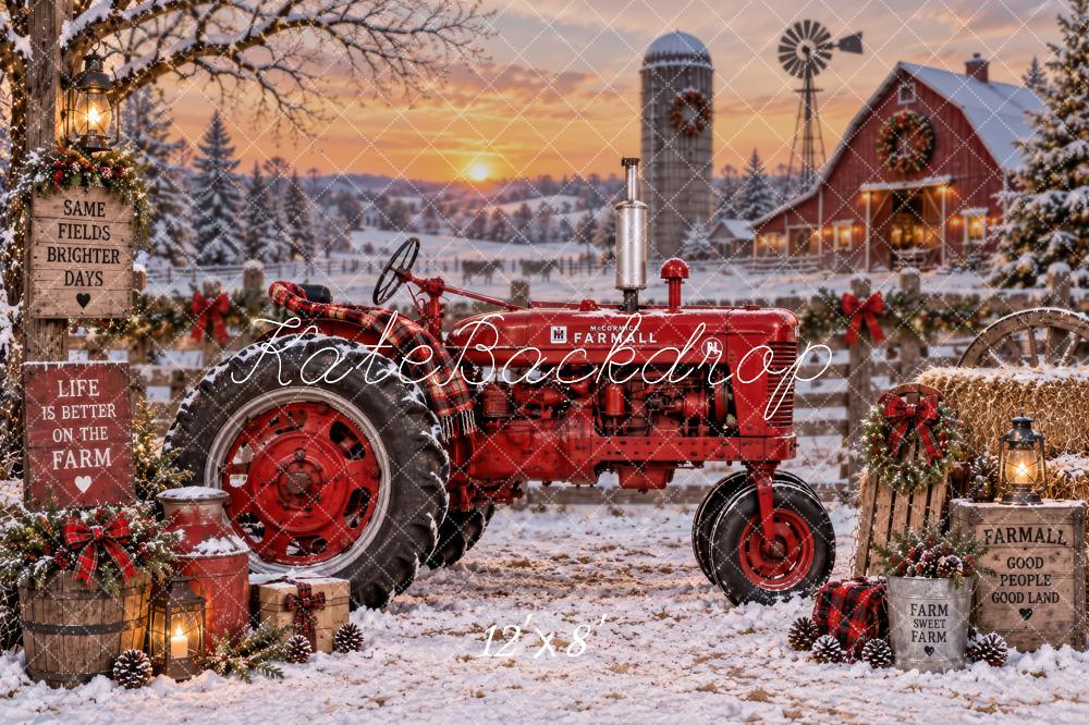 Kate Christmas Red Tractor Snowy Farm Rustic Printed Backdrop Designed by Laura Bybee