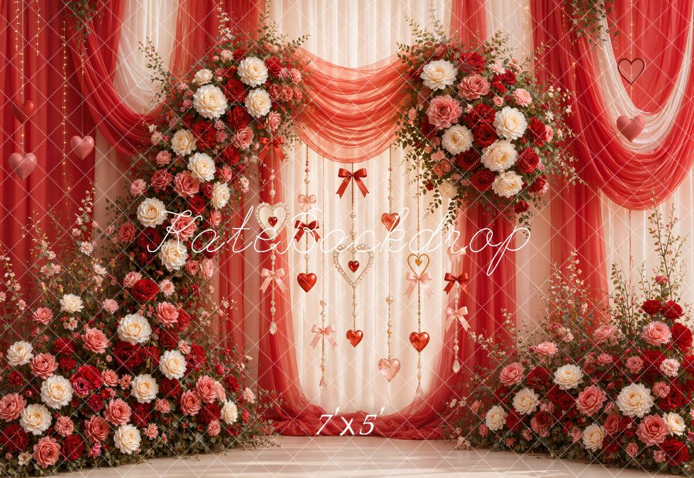 Kate Valentine's Day Floral Red Drapes Arch Hearts Garland Printed Backdrop Designed by Emetselch