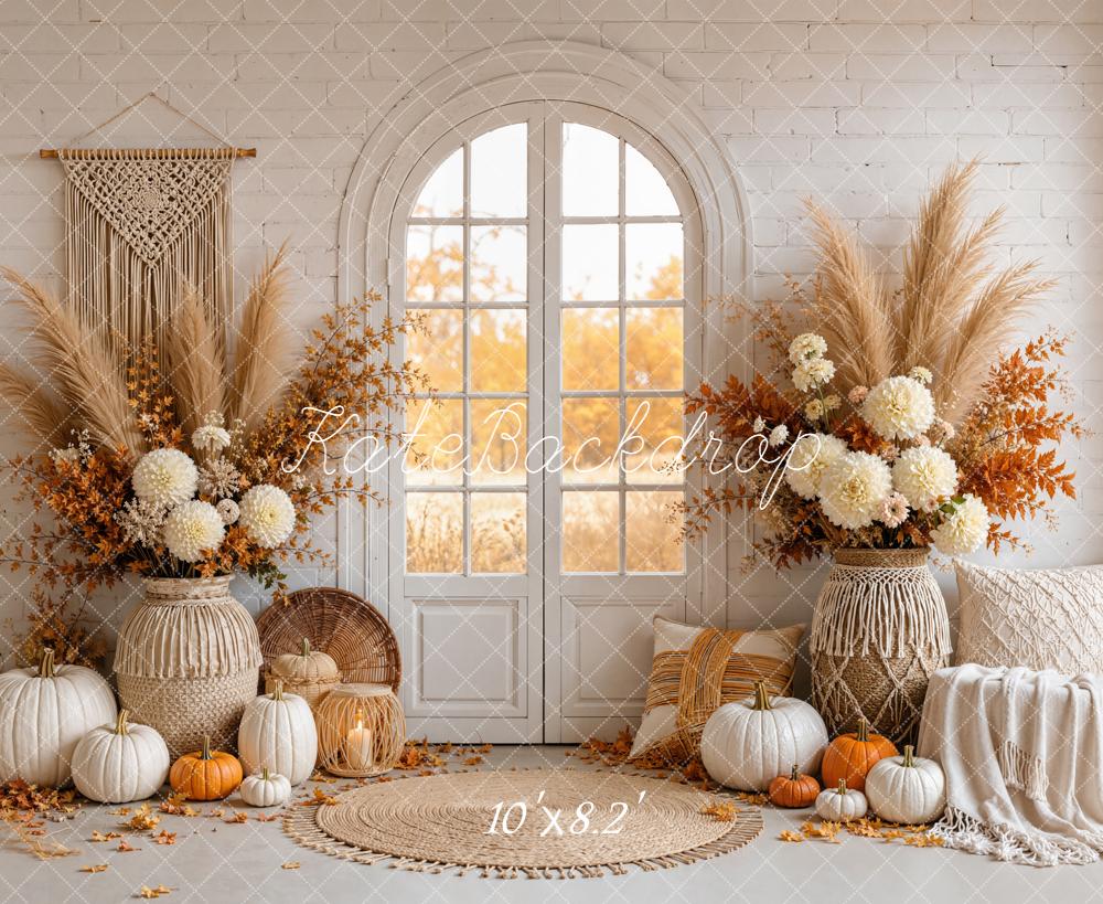 Kate Fall Boho Pumpkin Floral Arched Window Door Printed Backdrop Designed by Emetselch