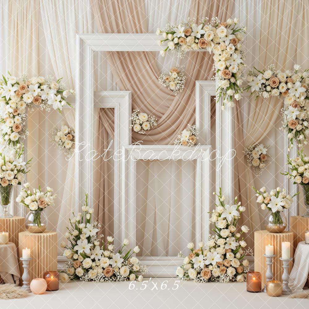 Kate Wedding Flower Arch Frames Candles Beige Drapes Backdrop Designed by Mini MakeBelieve