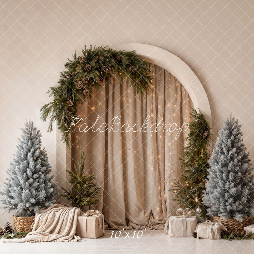 Kate Christmas Pine Arch Beige Drapes Garland Trees Gifts Printed Backdrop Designed by Emetselch