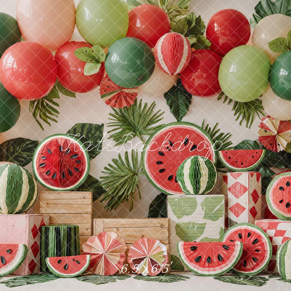 Kate Summer Watermelon Balloons Leaves Wooden Crates Printed Backdrop Designed by Emetselch
