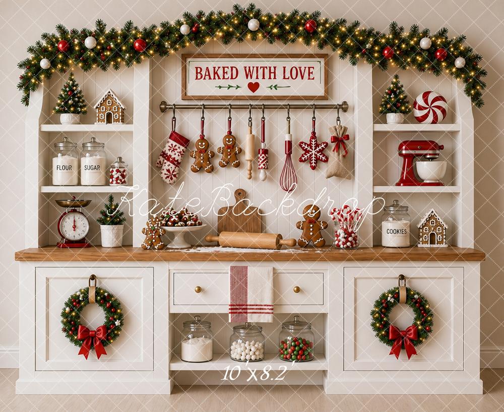 Kate Christmas Baking White Kitchen Cabinet Printed Backdrop Designed by Caitlin Lynch