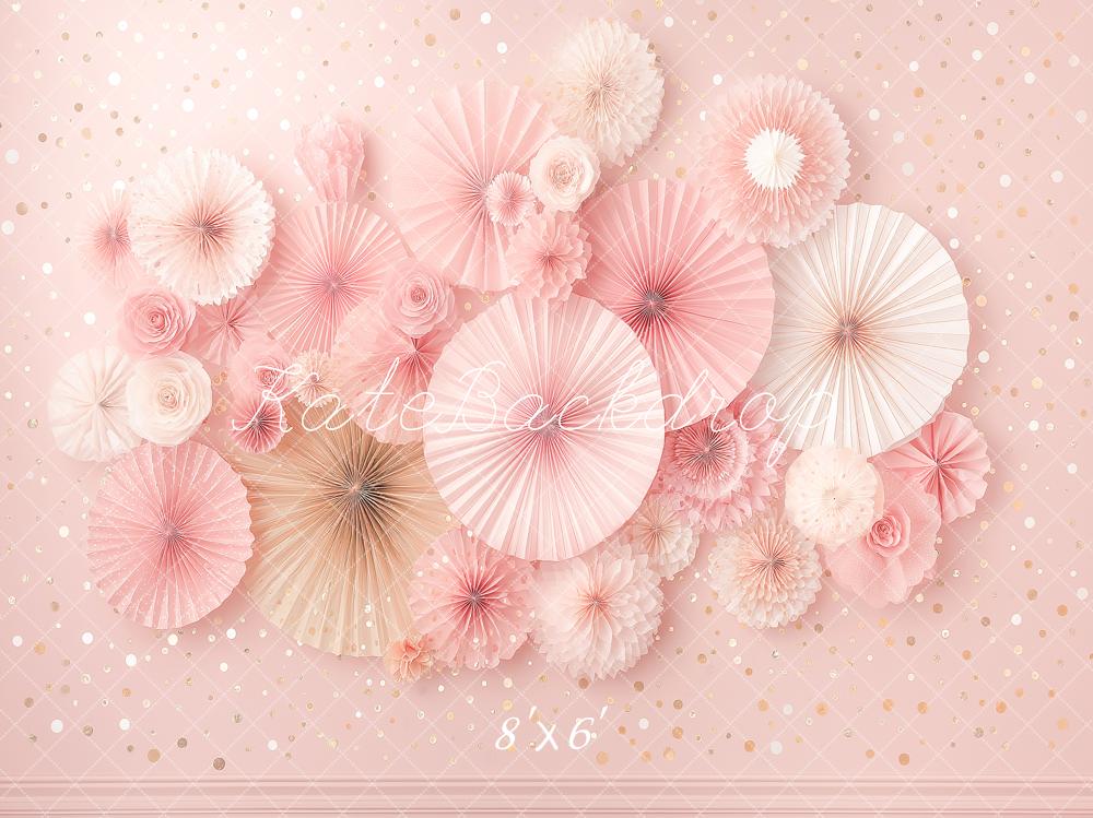 Kate Pink Paper Fans Flowers Polka Dots Printed Backdrop Designed by Angela Miller