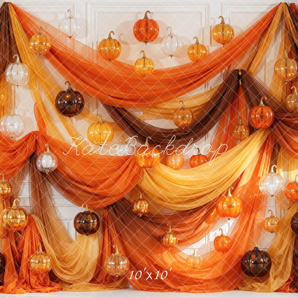 Kate Halloween Orange Glass Pumpkins Drapes Printed Backdrop Designed by Mini MakeBelieve