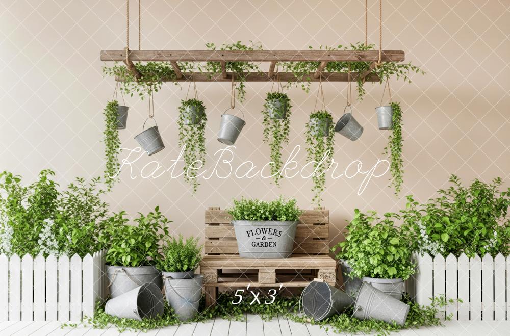 Kate Spring Mother's Day Garden Hanging Plants Wooden Ladder Buckets Backdrop Designed by Patty Roberts