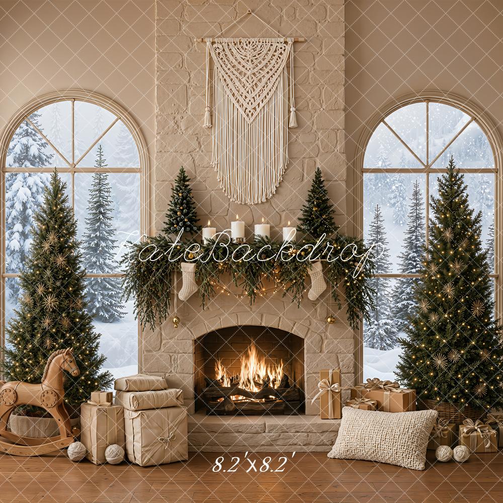 Kate Christmas Boho Fireplace Macrame Trees Gift Rocking Horse Printed Backdrop Designed by Emetselch