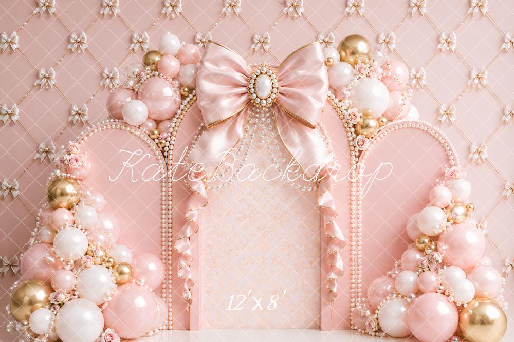 Kate Birthday Princess Pink Balloon Arch Bow Printed Backdrop Designed by Ashley Paul