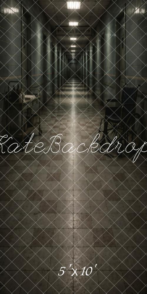 Kate Sweep Halloween Dark Psychiatric Hospital Hallway Wheelchair Printed Backdrop Designed by Vertigo Productions