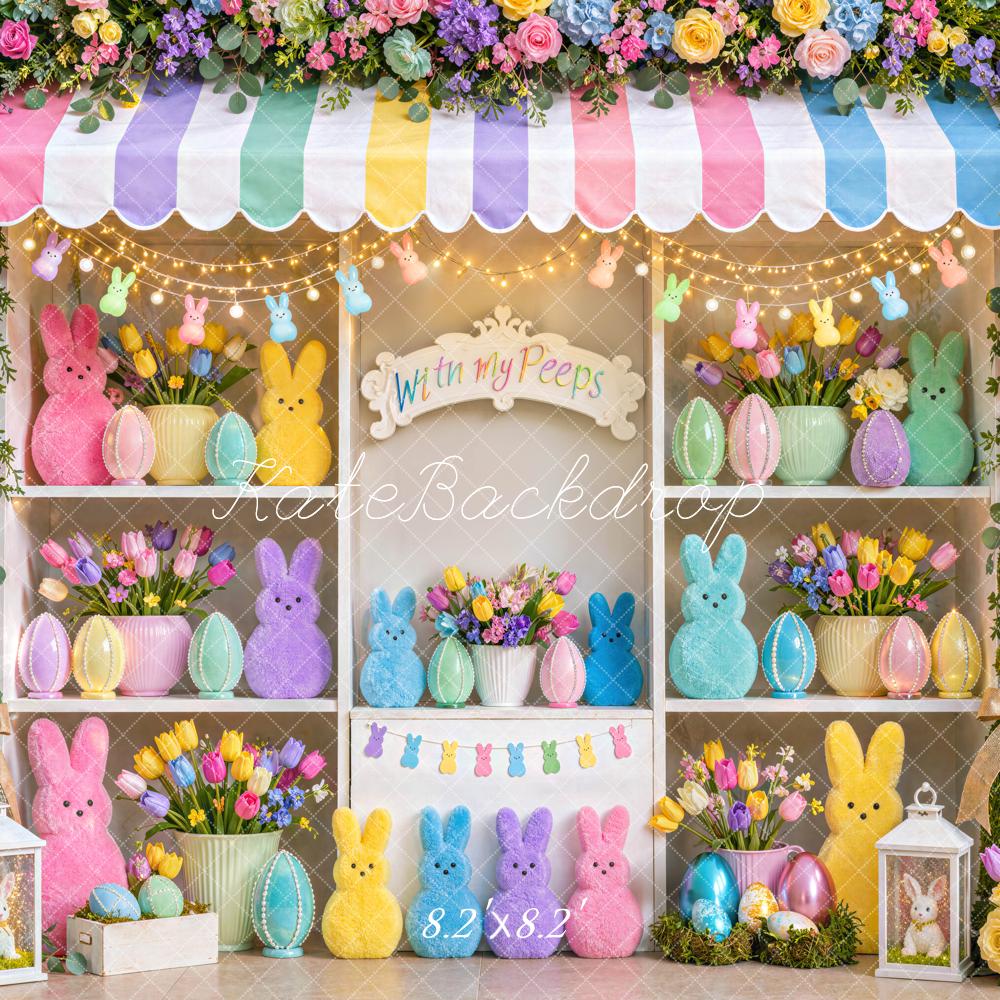 Kate Easter Flower Pastel Bunny Shop Eggs Colorful Printed Backdrop Designed by Mini MakeBelieve