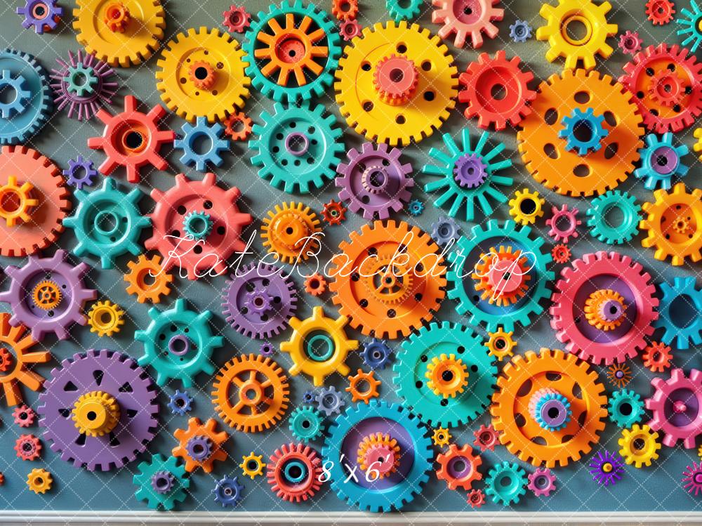 Kate Colorful Gears and Cogs Pattern Printed Backdrop Designed by Laura Bybee