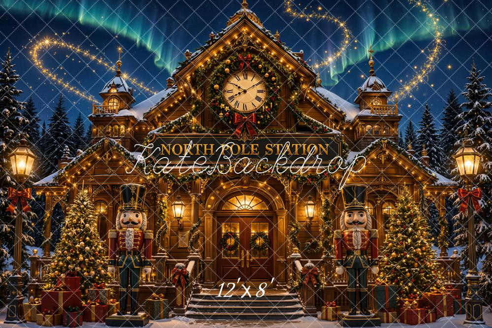 Kate Christmas North Pole Station Clock Tower Nutcracker Printed Backdrop Designed by Emetselch