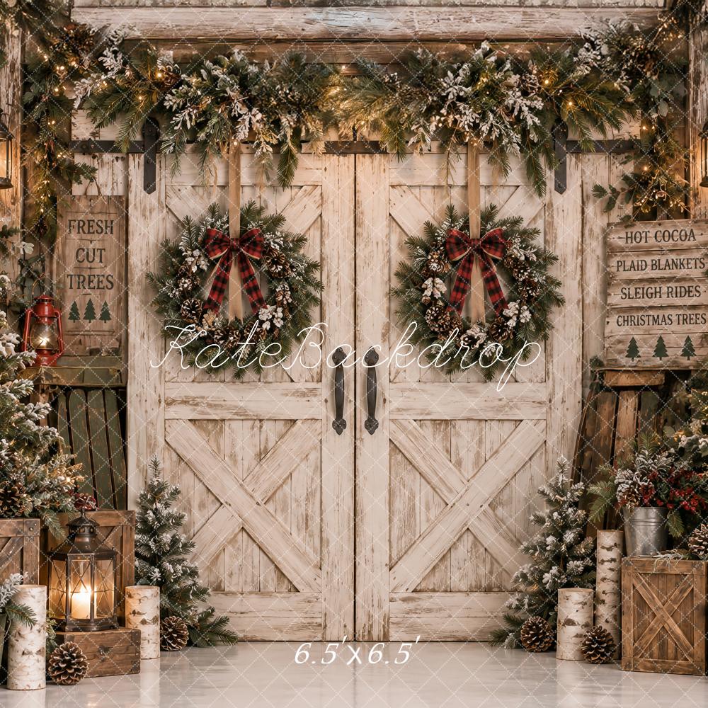 Kate Christmas Rustic Barn Doors Lodge Evergreen Wreaths Printed Backdrop Designed by Ashley Paul