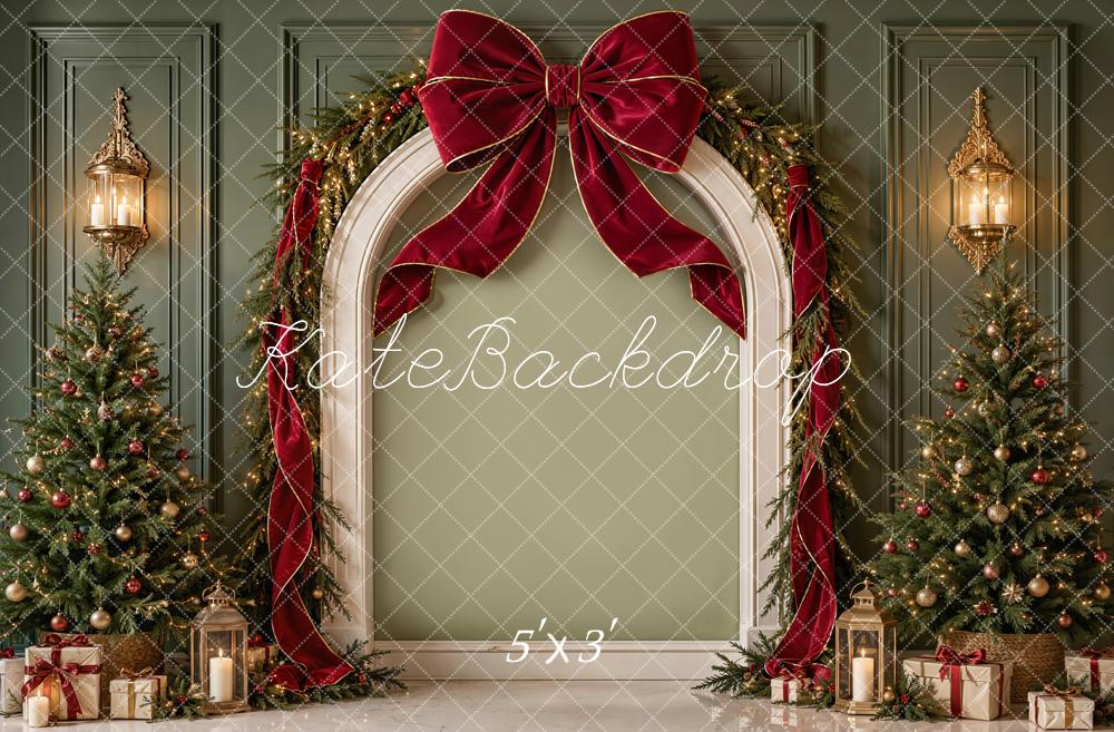 Kate Christmas Arch Red Bow Evergreen Trees Gifts Printed Backdrop Designed by Emetselch