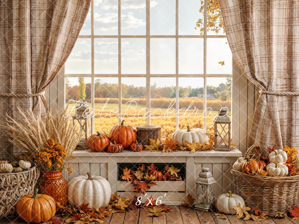 Kate Fall Pumpkin Window Rustic Plaid Curtain Field Printed Backdrop Designed by Emetselch