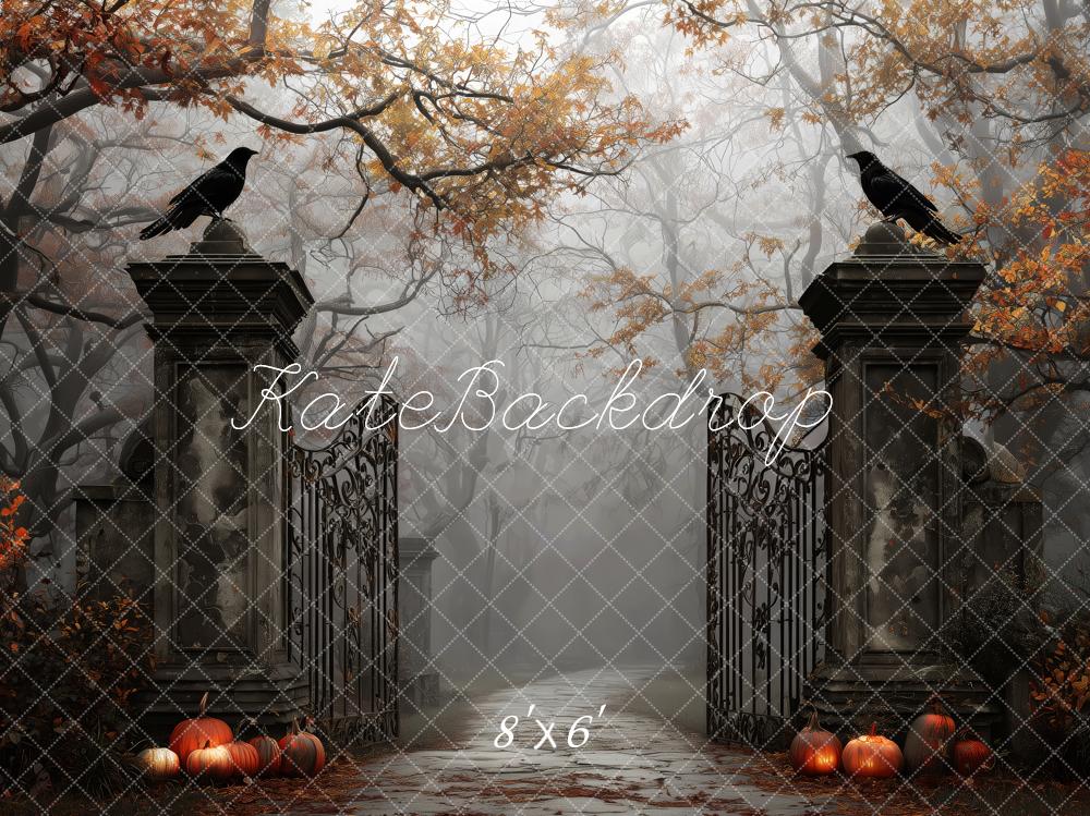Kate Halloween Fall Iron Gate Pumpkins Misty Forest Backdrop Designed by Patty Roberts
