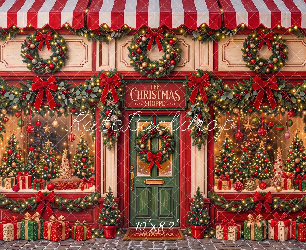 Kate Christmas Storefront Wreaths Gift Boxes Red Striped Awning Bow Printed Backdrop Designed by Angela Miller