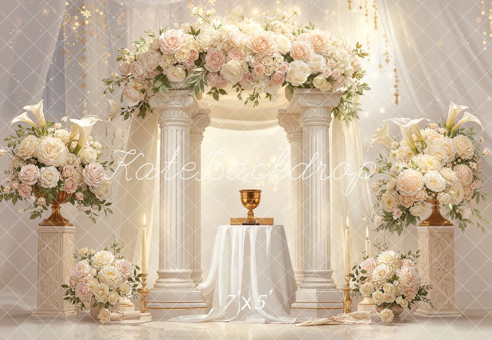 TEST Kate Romantic Flower Arch White Columns Arrangement Printed Backdrop Designed by Chain Photography