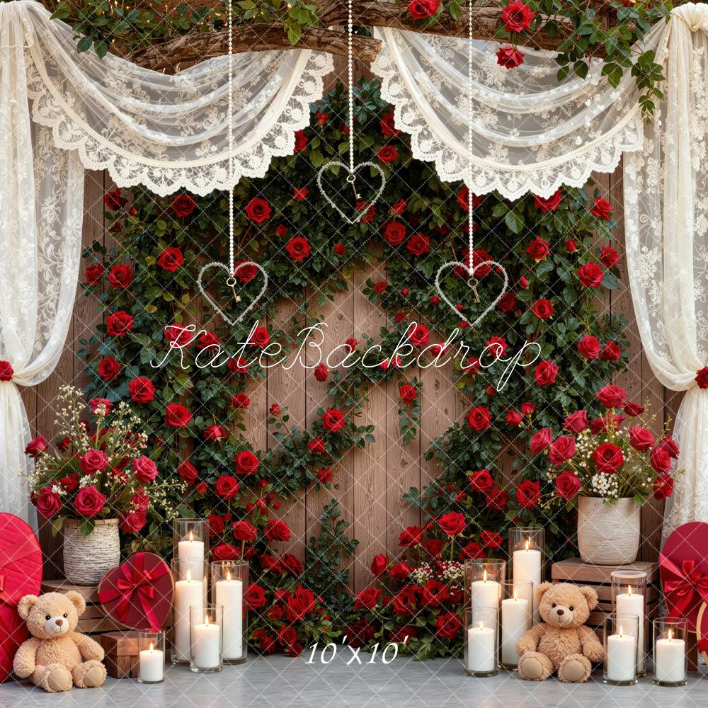 Kate Valentine's Day Lace Curtains Red Rose Heart Teddy Bears Printed Backdrop Designed by Mini MakeBelieve