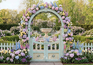 Kate Flower Arch Pastel Garden Gate Fountain Printed Backdrop Designed by Mini MakeBelieve