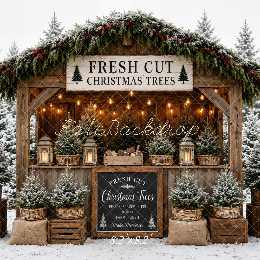 Kate Christmas Trees Wooden Booth Snowy Printed Backdrop Designed by Emetselch