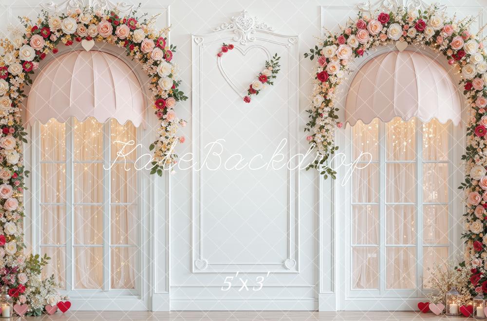 Kate Valentine's Day Pink Awning Windows Rose Arch Printed Backdrop Designed by Mini MakeBelieve