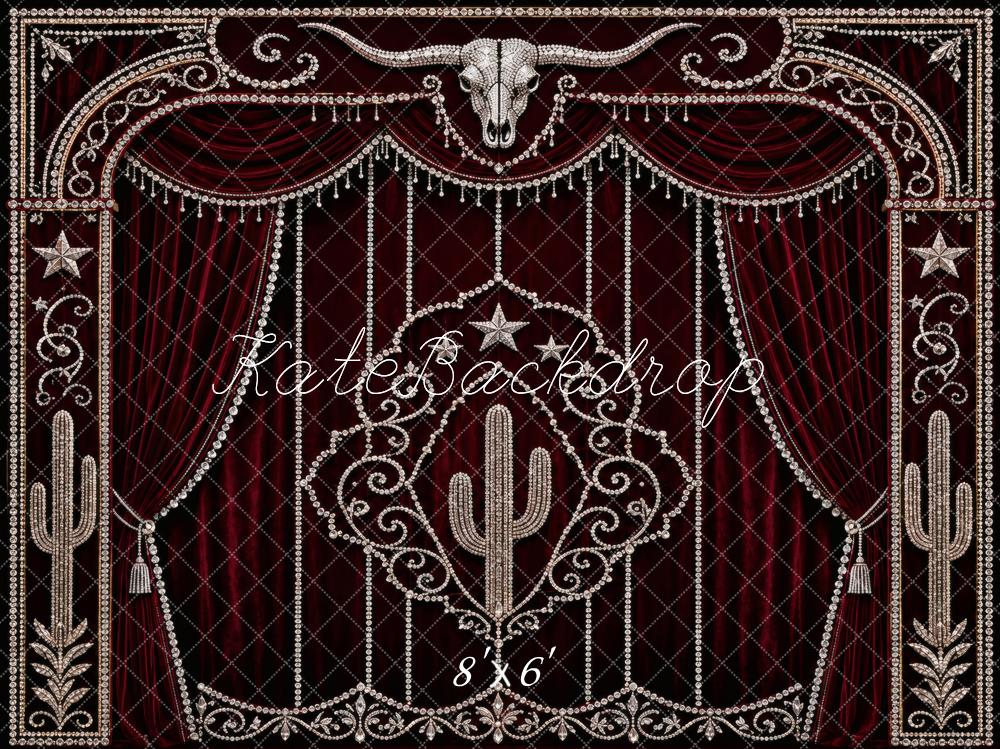 Kate Burgundy Western Rhinestone Red Curtain Printed Backdrop Designed by Vertigo Productions